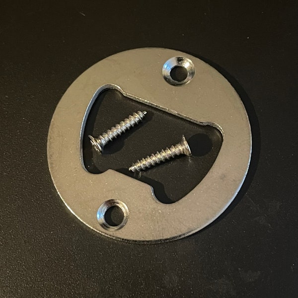 Round Bottle Opener - Stainless Steel with Mounting Screws. Free Shipping in USA