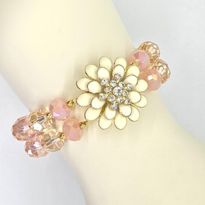 Floral, Rose Quartz, Czech Glass, Champagne, Rose Gold, Gold Bead, Enamel Bracelet