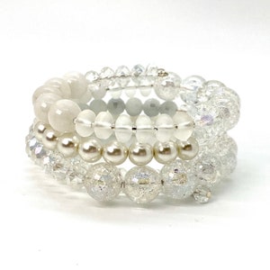 Bracelet, Wrap, Stacked, Bracelet, Clear Quartz, Moonstone, Crystal, White, Rainbow, Swarovski, Charm, Pearl, Gray, Smokey, Silver