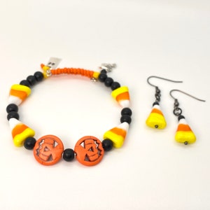 Halloween Bracelet and Earring Set, Memory Wire Wrap Bracelet, Stacked Bracelet,  Adjustable, Bracelet, Halloween, Candy Corn,  Witch, Ghost