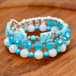 Set of 3 Beaded Bracelets Stacking Blue Green Aqua Teal Rose Gold Pave CZ 7 Inches