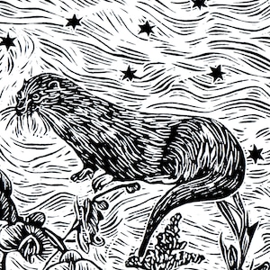 AQUARIUS, Linocut Print, Zodiac Sign, Astrology Prints, Art Print, Wall Art Print, Otter Print