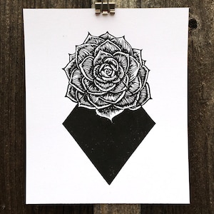 SUCCULENT PRINT, Hens and chicks print, Blue Rose print, Echeveria Print, Sempervivum Print, Linocut, Printmaking