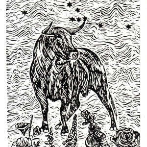 Puede incluir: Grabado en madera en blanco y negro del signo zodiacal Tauro. La imagen presenta un toro de pie en un campo de flores con una constelación de estrellas arriba. El texto "TAURUS" está impreso debajo del toro.