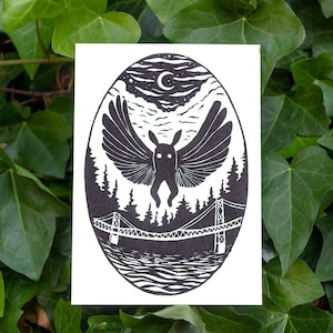 MOTHMAN LINOCUT PRINT, Mothman print, Point Pleasant, Mothman art, Cryptid, Merch, Accessories, Cryptozoology