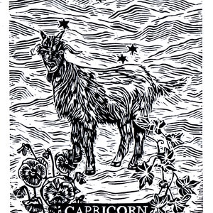 Puede incluir: Ilustración en blanco y negro en madera del signo del zodíaco Capricornio. La imagen presenta una cabra con cola de pez de pie en un campo de flores. El signo "Capricornio" está escrito debajo de la cabra.