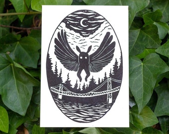 MOTHMAN LINOCUT PRINT, Mothman print, Point Pleasant, Mothman art, Cryptid, Merch, Accessories, Cryptozoology