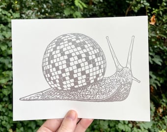 DISCO SNAIL PRINT, Disco snail, disco ball, snail print, snail art, snail decor, disco art, disco print, linocut, disco ball print