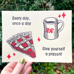 TWIN PEAKS PRINT, Dale Cooper, damn fine cup of coffee, twin peaks, twin peaks art, kyle maclachlan, cherry pie, coffee, present, linocut