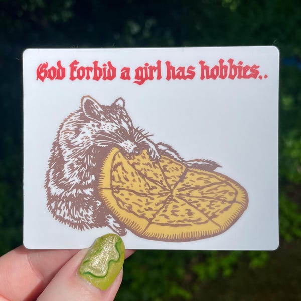 WASCHBÄR PIZZA STICKER, Waschbär, Pizza, Waschbär Aufkleber, Waschbär Aufkleber, Gott bewahre, ein Mädchen hat Hobbys, Linolschnitt, Pizza Aufkleber, Pizza Kunst