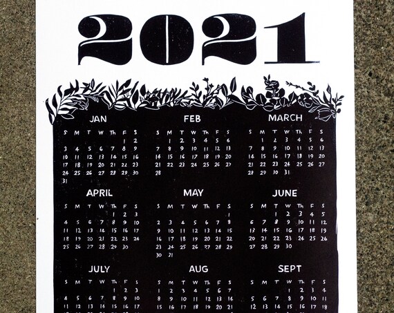 2021 CALENDAR PRINT, 2021 linocut, linocut print, Calendar linocut, 2021 print