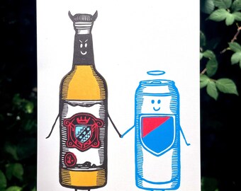 CHICAGO HANDSHAKE PRINT, Chicago Handshake, Malort, Old Style, Chicago, linocut, Malort print, malort art, chicago print, chciago art