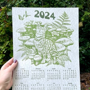 2024 CAT CALENDAR, 2024 Calendar, Cat, Cat Calendar, Linocut, block print, relief print, cat lover, cottagecore, fern, pnw, green, mushroom