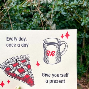 TWIN PEAKS PRINT, Dale Cooper, damn fine cup of coffee, twin peaks, twin peaks art, kyle maclachlan, cherry pie, coffee, present, linocut