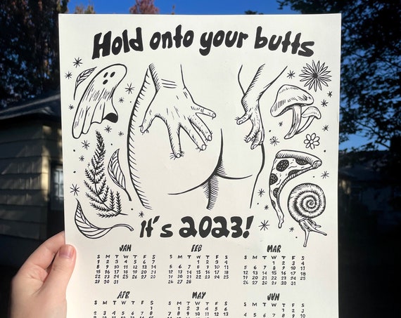 2023 BUTT CALENDAR, 2023 Calendar, linocut, linocut calendar, butt print, butt art, pizza, mushroom, fern, cottagecore, snail, calendar art