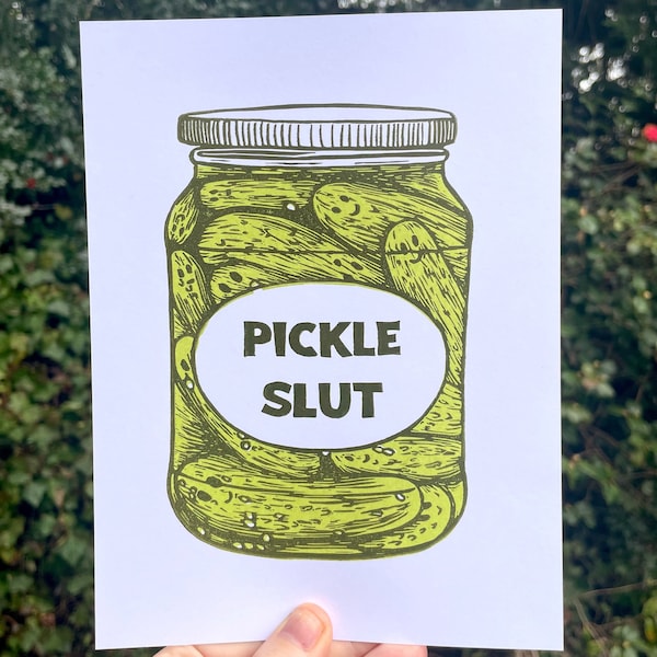 PICKLE SLUT PRINT, Pickle Print, Pickle Art, Pickles, Pickled, Pickling, Pickle Slut, Linocut, Relief Print, Cucumber Block Print,