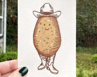 POTATO COWBOY PRINT, potato print, potato art, cowboy print, cowboy art, spud, spudboy, linocut, linocut print, dolly parton