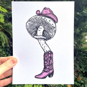 MUSHROOM COWBOY PRINT, mushroom print, mushroom art, cowboy print, cowboy art, mushroom cowboy, linocut, art print, cottagecore, western