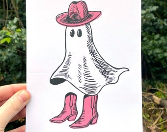 GHOST COWBOY PRINT, Linocut Print, block print, art print, wall print, western, ghost, cowboy, relief print, orville peck, pink williams