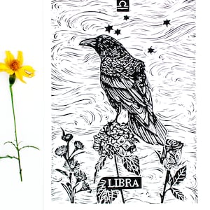 LIBRA, Linocut Print, Zodiac Sign, Astrology Prints, Art Print, Wall Art Print, Raven Print image 2
