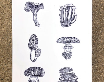 EDIBLE MUSHROOM PRINT, Linocut Print, Printmaking, prints, Mushroom print, Fine art print