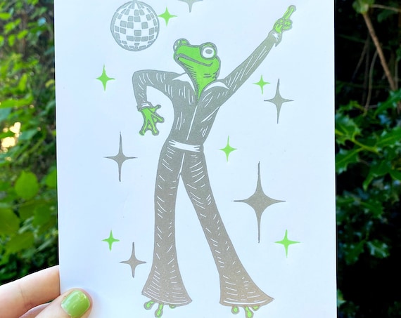 DISCO FROG PRINT, Frog print, disco print, frog art, disco art, 70s, disco ball, groovy, linocut, wall art, cottagecore, staying alive