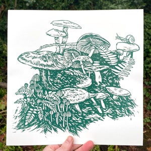 MUSHROOM ART PRINT, Mushroom print, Mushroom linocut, printmaking, forest print, snail print, forest linocut, mushroom art