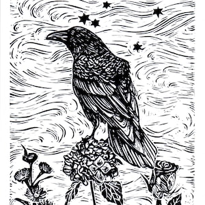 LIBRA, Linocut Print, Zodiac Sign, Astrology Prints, Art Print, Wall Art Print, Raven Print image 1