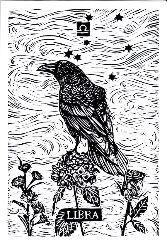 LIBRA, Linocut Print, Zodiac Sign, Astrology Prints, Art Print, Wall Art Print, Raven Print