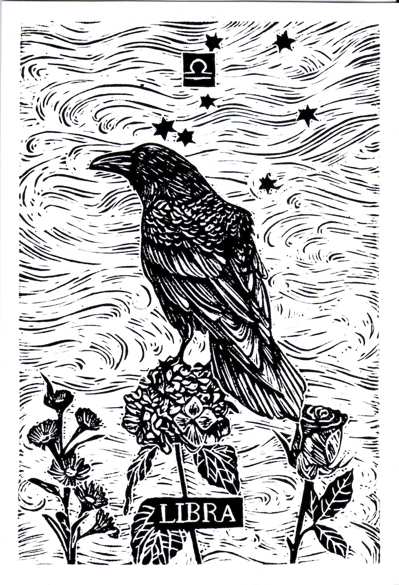 LIBRA, Linocut Print, Zodiac Sign, Astrology Prints, Art Print, Wall Art Print, Raven Print image 1