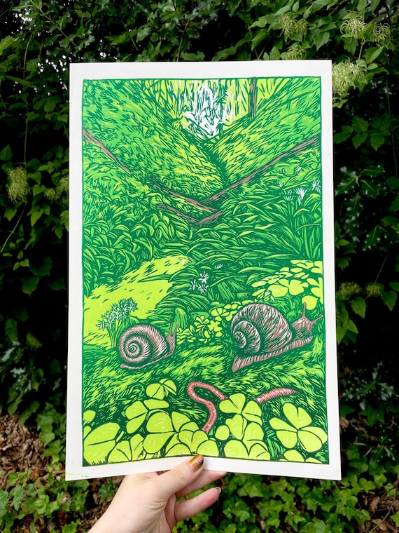PNW WONDERLAND PRINT, Forest print, forest art, snail print, snail art, pnw print, pnw art, linocut, worm print, worm art, fern, fern art