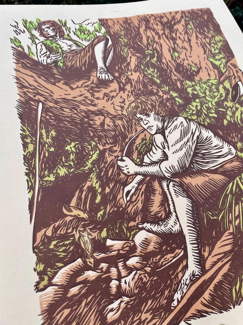 Puede incluir: Una impresi&oacute;n en madera en blanco y negro de dos personas sentadas en un tronco de &aacute;rbol. La persona de la izquierda est&aacute; sentada con las piernas cruzadas y sosteniendo un objeto peque&ntilde;o en la mano. La persona de la derecha est&aacute; sentada con las piernas extendidas y sosteniendo un objeto largo y delgado en la mano.
