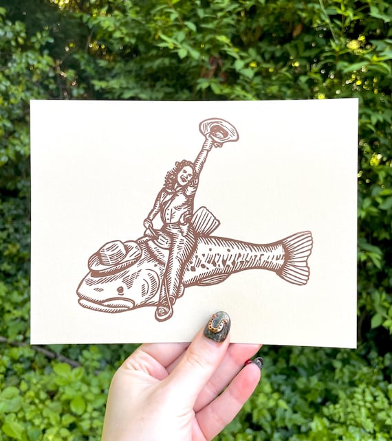 FISH COWGIRL PRINT, Fish, Cowgirl, linocut, print, art, block print, funny, silly, cowboy