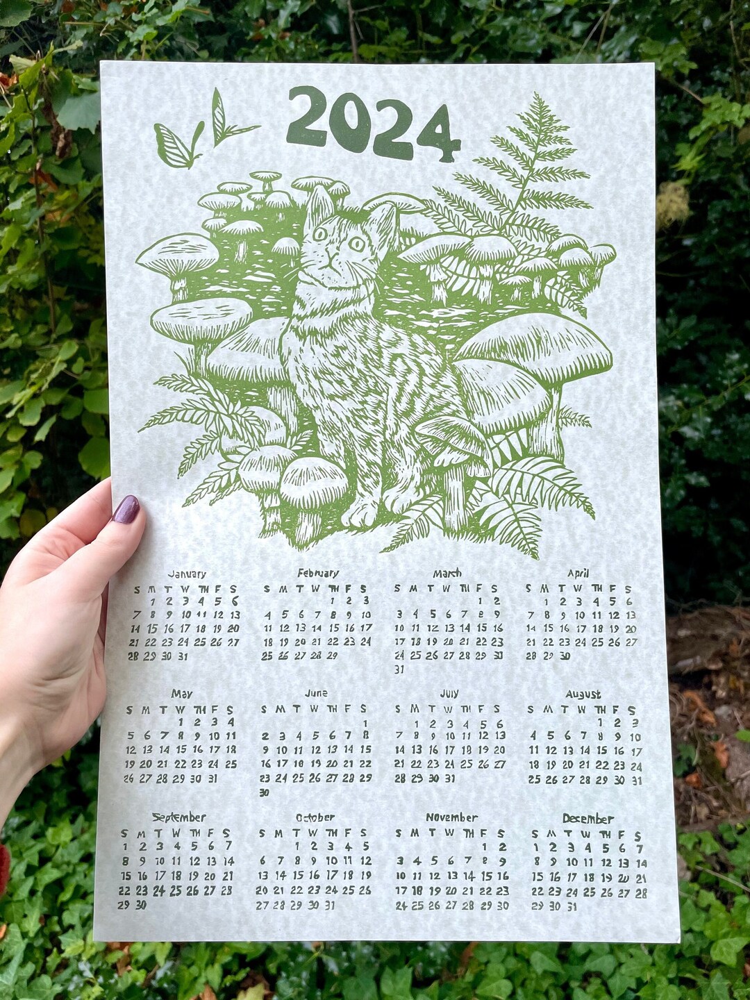 2024 CAT CALENDAR, 2024 Calendar, Cat, Cat Calendar, Linocut, Block