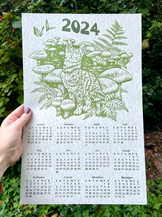 2024 CAT CALENDAR, 2024 Calendar, Cat, Cat Calendar, Linocut, block print, relief print, cat lover, cottagecore, fern, pnw, green, mushroom