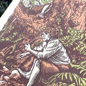 Puede incluir: Una ilustraci&oacute;n en madera grabada en blanco y negro de dos personas sentadas en un bosque. La persona de la izquierda est&aacute; sentada con las piernas cruzadas y los brazos cruzados. La persona de la derecha est&aacute; sentada con las piernas estiradas hacia adelante. El fondo es un bosque con &aacute;rboles y follaje.