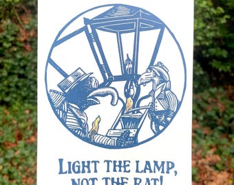 Light the Lamp Print, linocut print, light the lamp not the rat, rat, a christmas carol