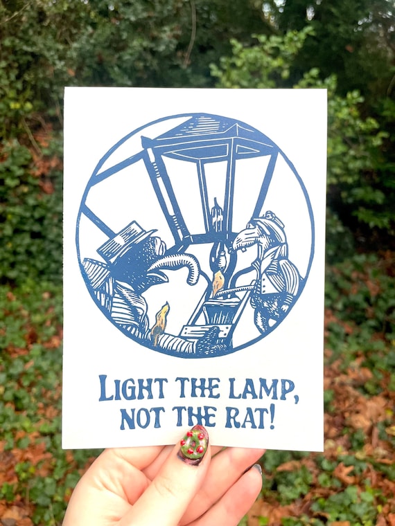 Light the Lamp Print, linocut print, light the lamp not the rat, rat, a christmas carol