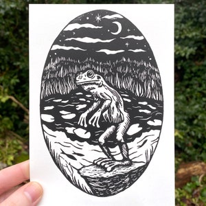 FROGMAN PRINT, Loveland Frogman, Linocut print, Frogman Linocut, Frogman art, Cryptid, Merch, Accessories, Cryptozoology