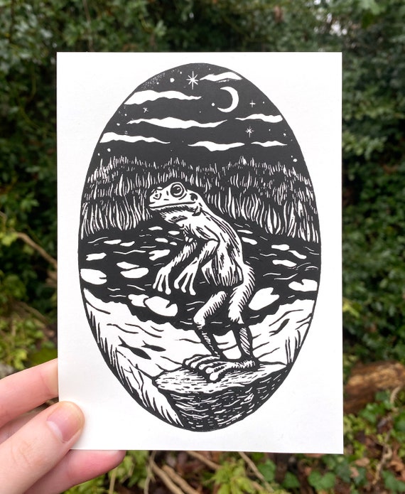 FROGMAN PRINT, Loveland Frogman, Linocut print, Frogman Linocut, Frogman art, Cryptid, Merch, Accessories, Cryptozoology