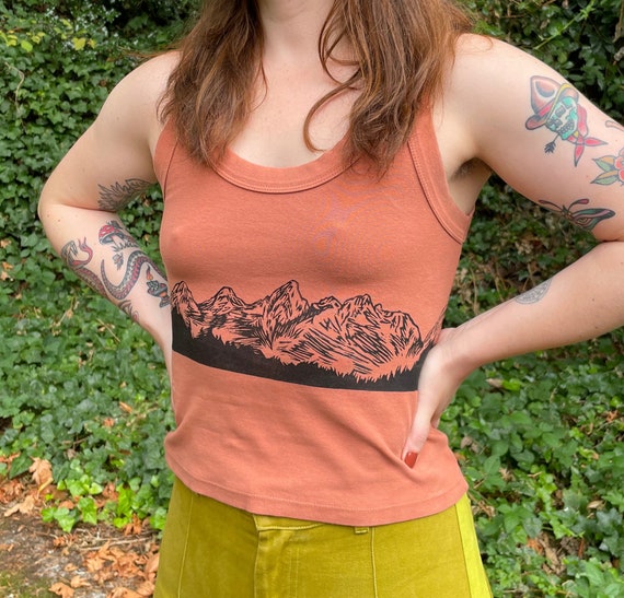 MOUNTAIN TANK TOP, Big Bud Press, Mountains, pnw, grand tetons, linocut, block print, relief print, cottagecore, terracotta