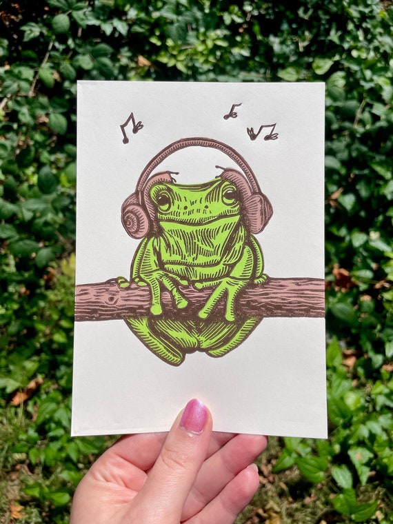 CUTE FROG PRINT, Frog print, frog art, snail print, snail art, snail headphones, toad, frog, cute, silly, linocut, wall art, decor, gift