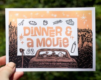 DINNER and a MOVIE Mini PRINT, Phish print, phish poster, jamband, phan art, linocut print, fine art print