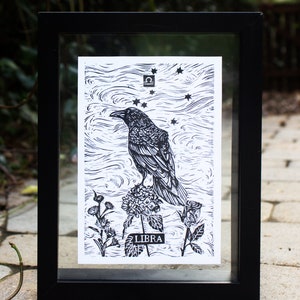 LIBRA, Linocut Print, Zodiac Sign, Astrology Prints, Art Print, Wall Art Print, Raven Print image 3