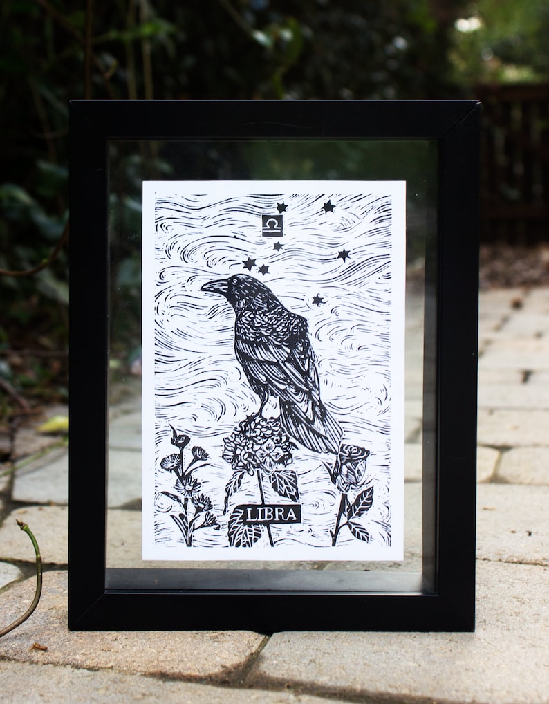 LIBRA, Linocut Print, Zodiac Sign, Astrology Prints, Art Print, Wall Art Print, Raven Print image 3