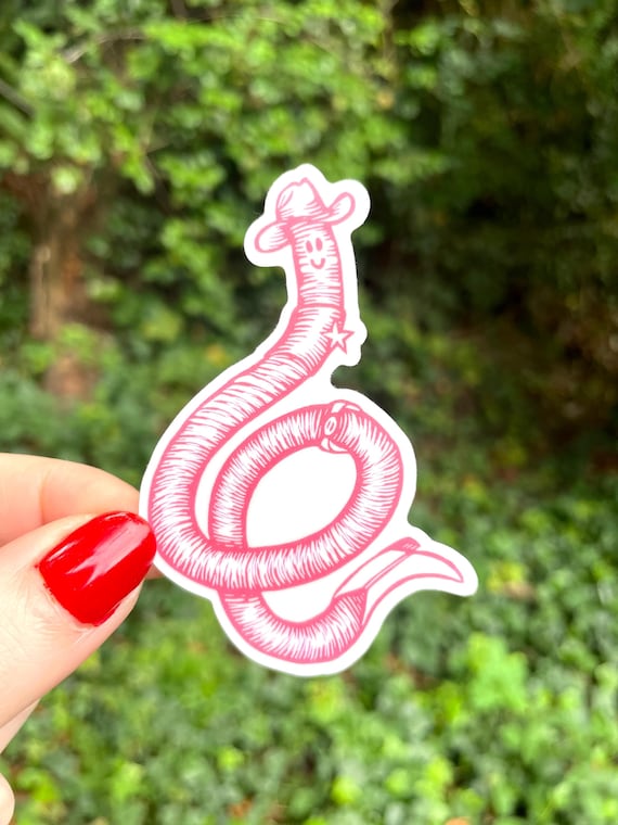 COWBOY WORM STICKER, cowboy worm, worm, cowboy, sticker, stickers, linocut, linocut print, cute, silly, pink, cowgirl, worms, vinyl sticker