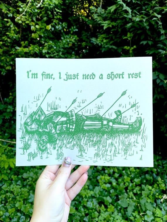 SHORT REST PRINT, Linocut print, short rest, long rest, d&d, dungeons and dragons, ttrpg, bg3, art print, wall art