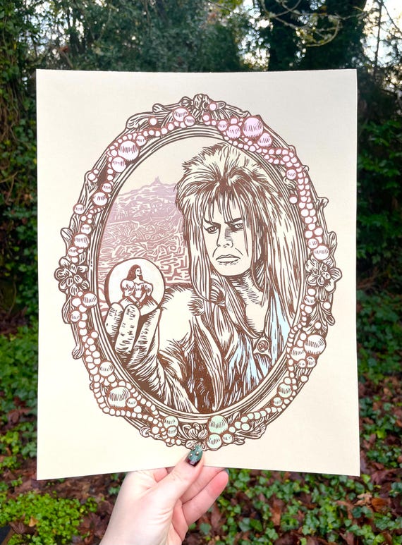 LABYRINTH LINOCUT PRINT, Pre Order, Labyrinth, David Bowie, Jim Henson, Labyrinth movie, Labyrinth art, Labyrinth print, Block Print, 80s