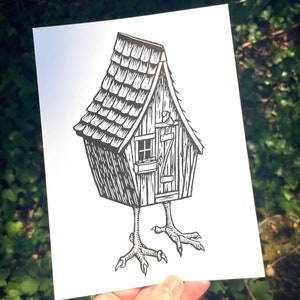 BABA YAGA PRINT, Baba yaga linocut, baba yaga art, art print, wall art, baba yaga hut, linocut print, block print, spooky, halloween
