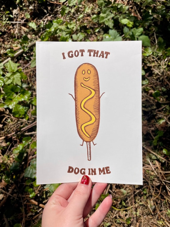 CORN DOG PRINT, I got that dog in me, Corn Dog, Corn Dog art, Corn Dog print, Hot dog, Hot dog art, Hot dog print, mustard, linocut
